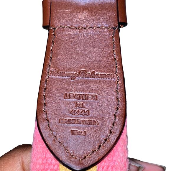 Tommy Bahama Leather Canvas Preppy Barbie Ken Pink and Brown Belt XL 42-44 - Picture 4 of 5